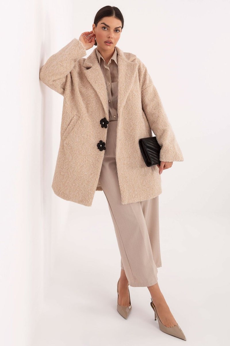 Beige Polyester Knee - Length Coat - 
