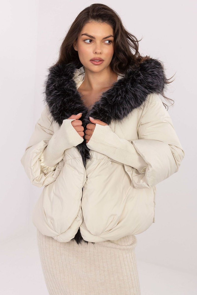 Beige Quilted Hooded Down Jacket - 