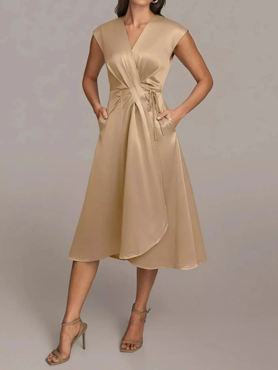 Beige Satin Wrap Midi Dress with Pockets - 