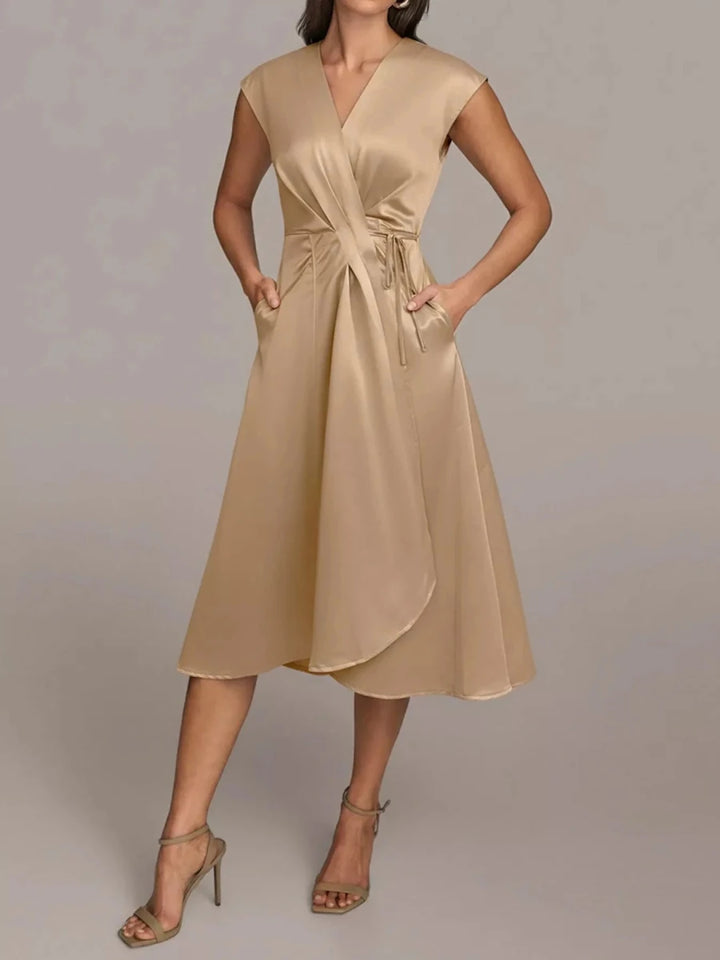 Beige Satin Wrap Midi Dress with Pockets - 