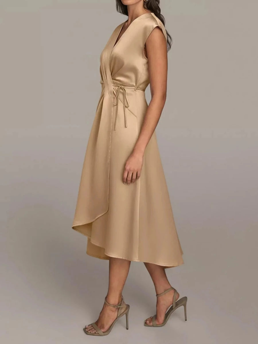 Beige Satin Wrap Midi Dress with Pockets - 