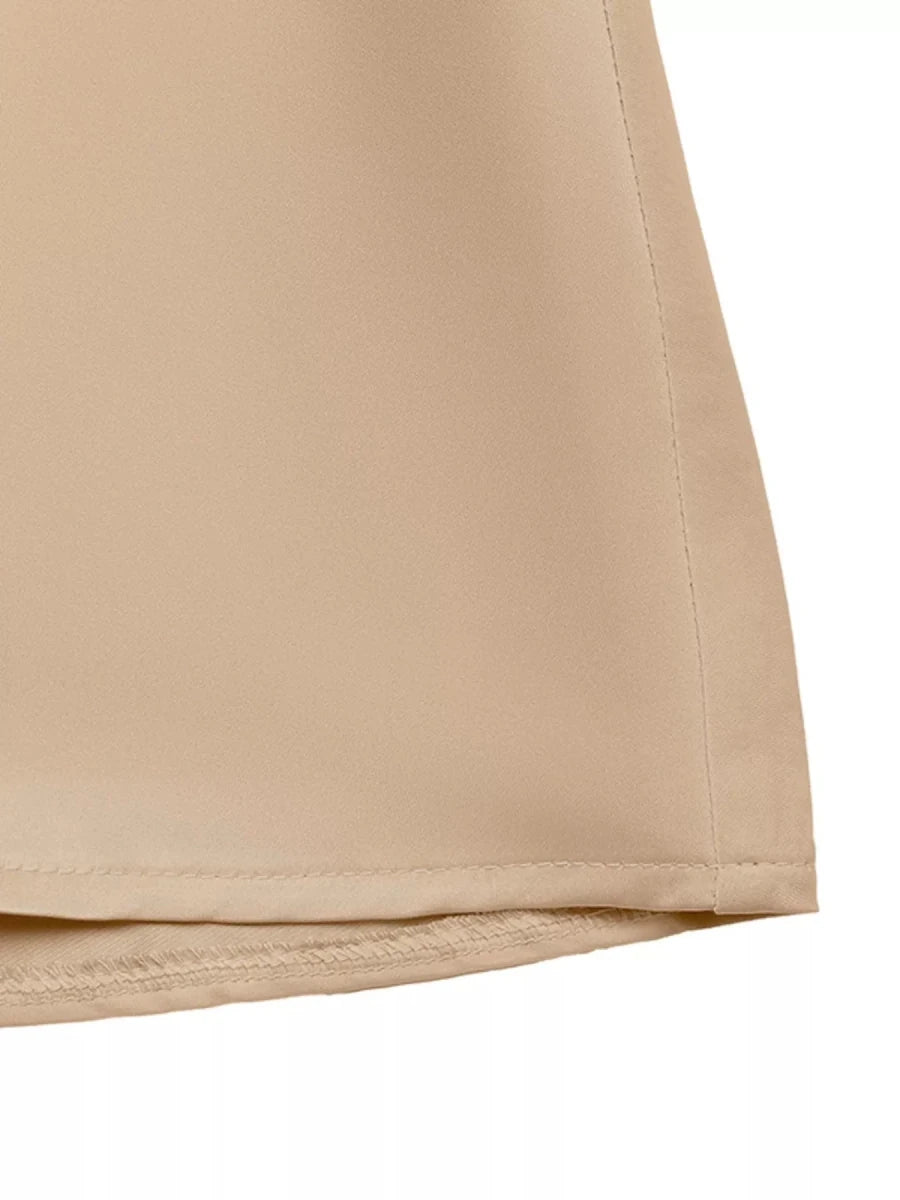 Beige Satin Wrap Midi Dress with Pockets - 