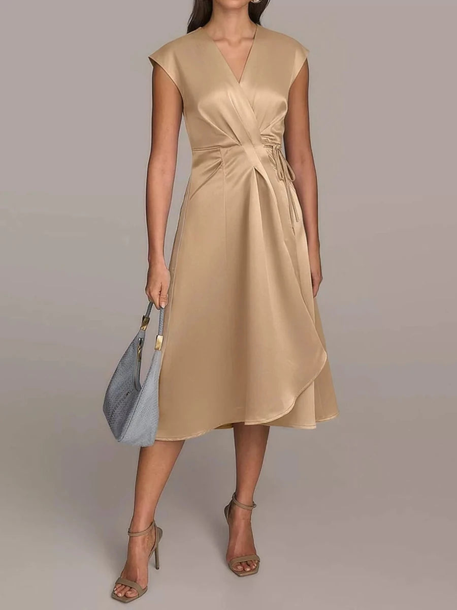 Beige Satin Wrap Midi Dress with Pockets - 