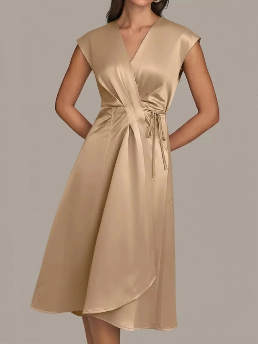 Beige Satin Wrap Midi Dress with Pockets - 