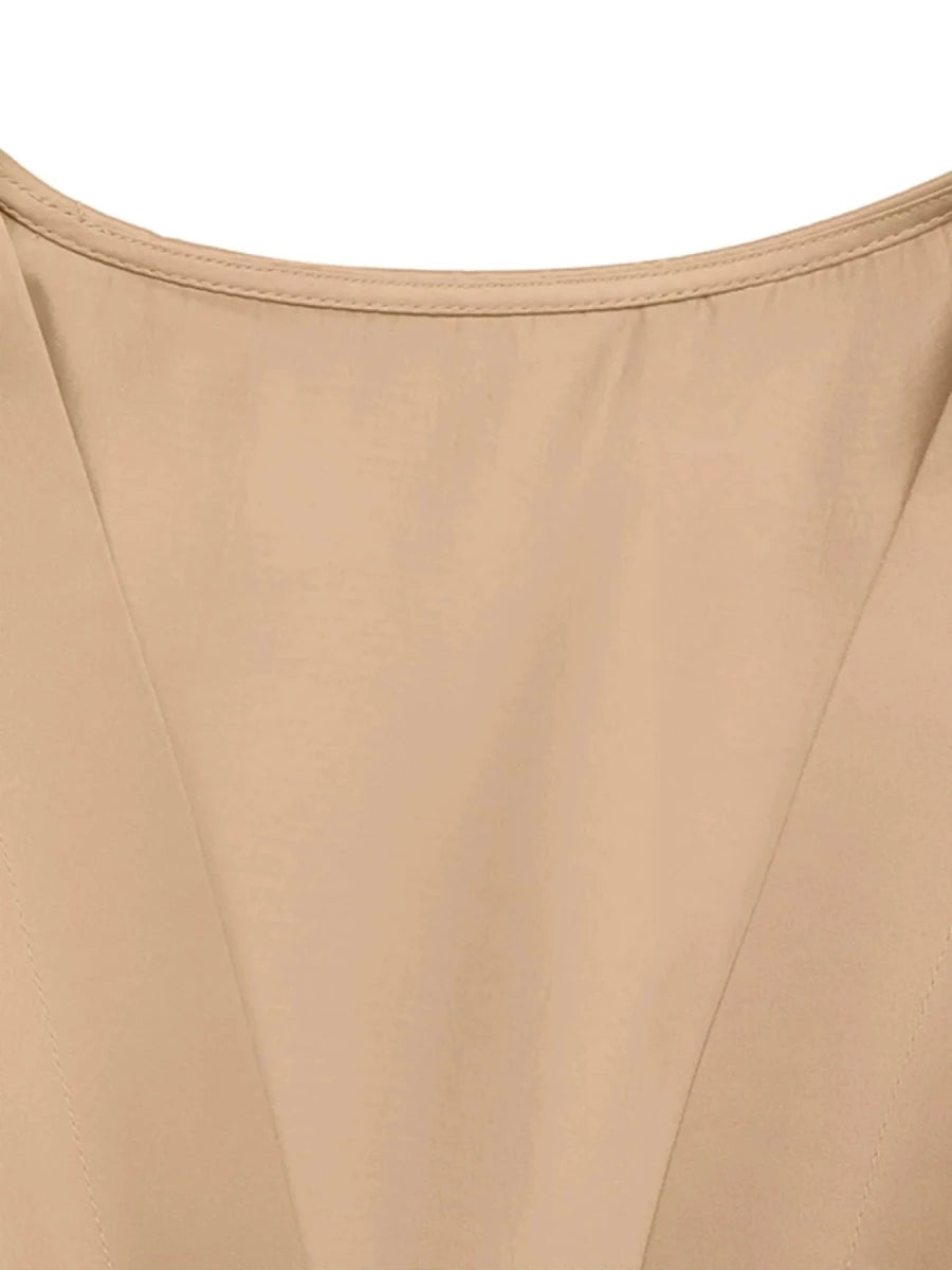 Beige Satin Wrap Midi Dress with Pockets - 