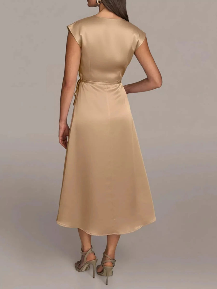 Beige Satin Wrap Midi Dress with Pockets - 