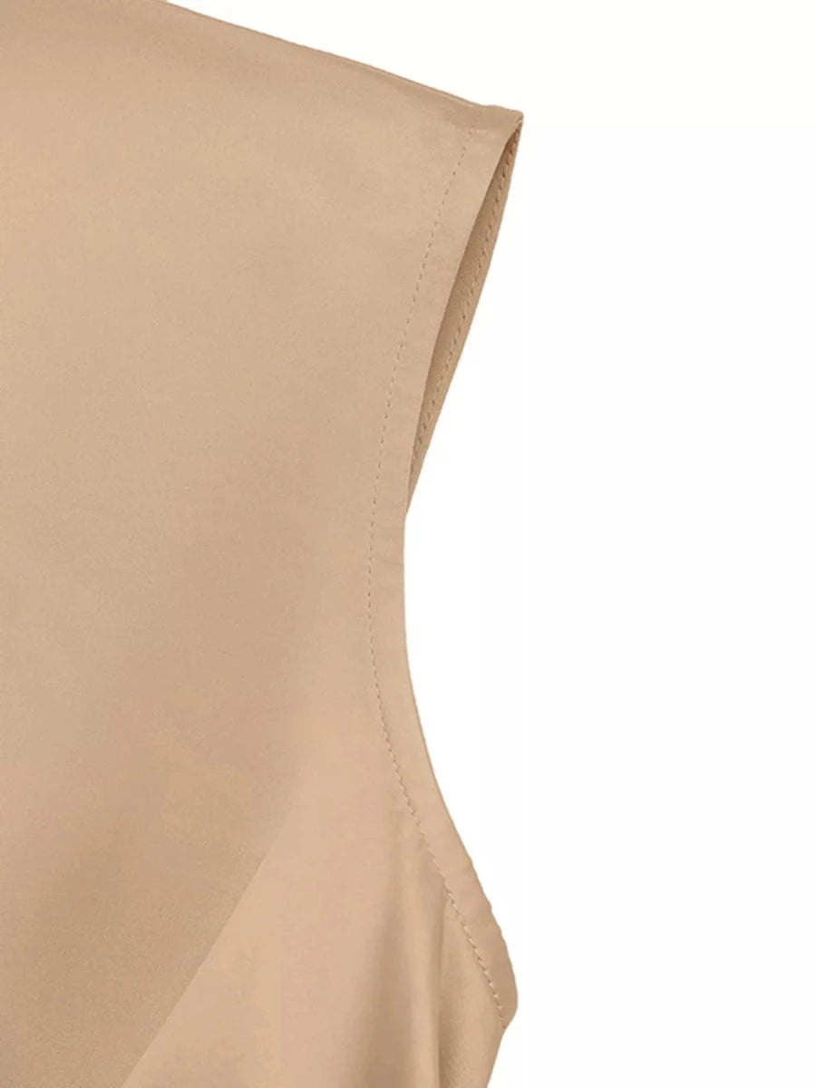 Beige Satin Wrap Midi Dress with Pockets - 