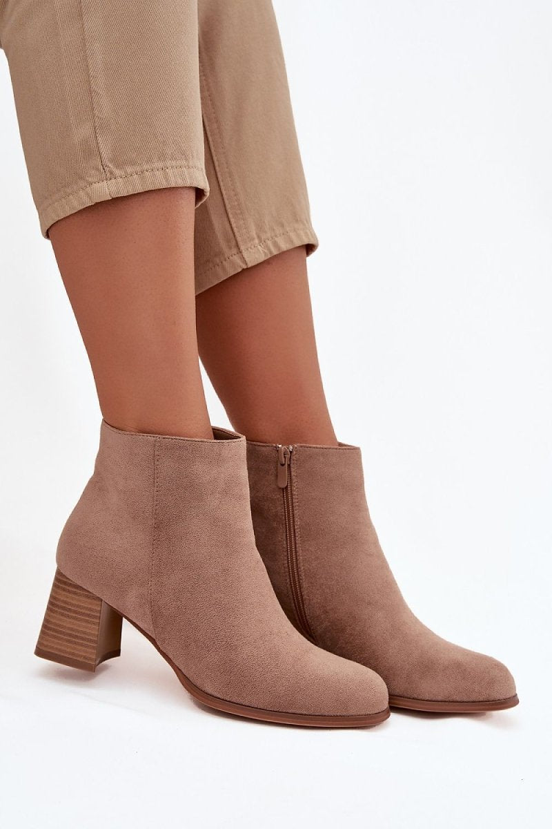 Beige Suede Block Heel Ankle Boots - 