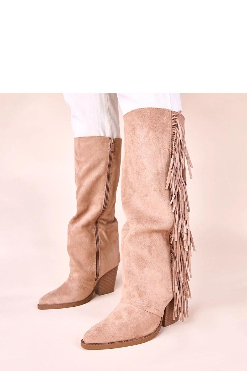 Beige Suede Fringe Cowboy Boots - 