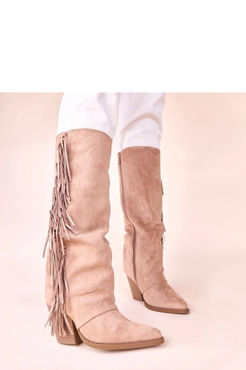 Beige Suede Fringe Cowboy Boots - 