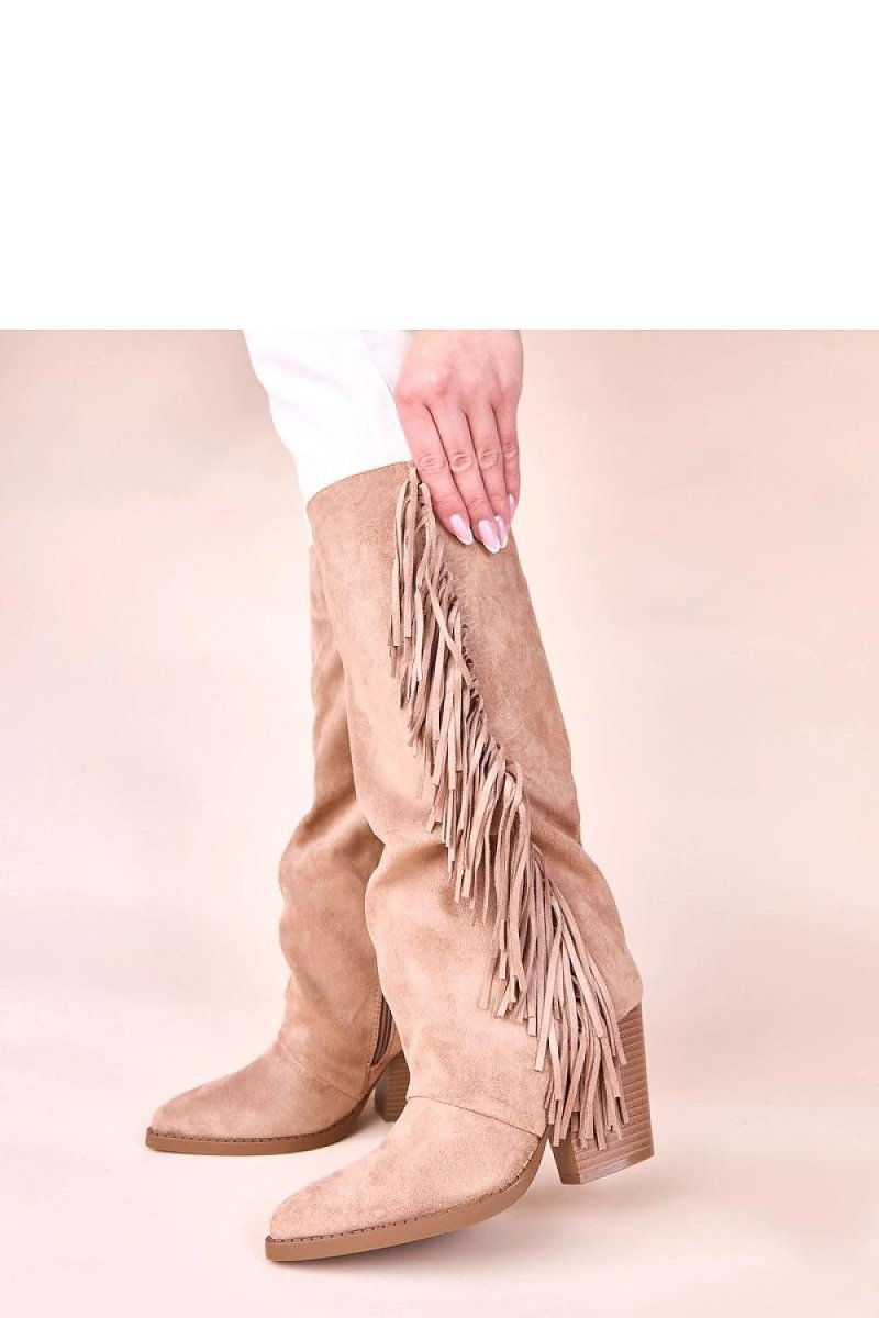 Beige Suede Fringe Cowboy Boots - 