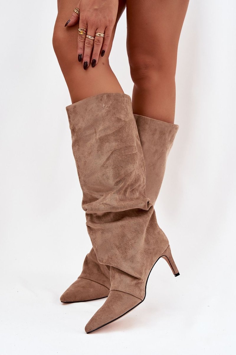 Beige Suede Stiletto Heel Boots - 