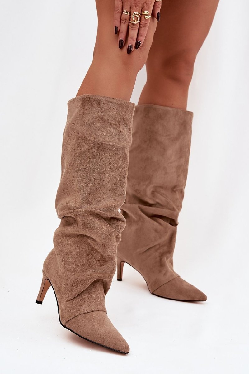 Beige Suede Stiletto Heel Boots - 