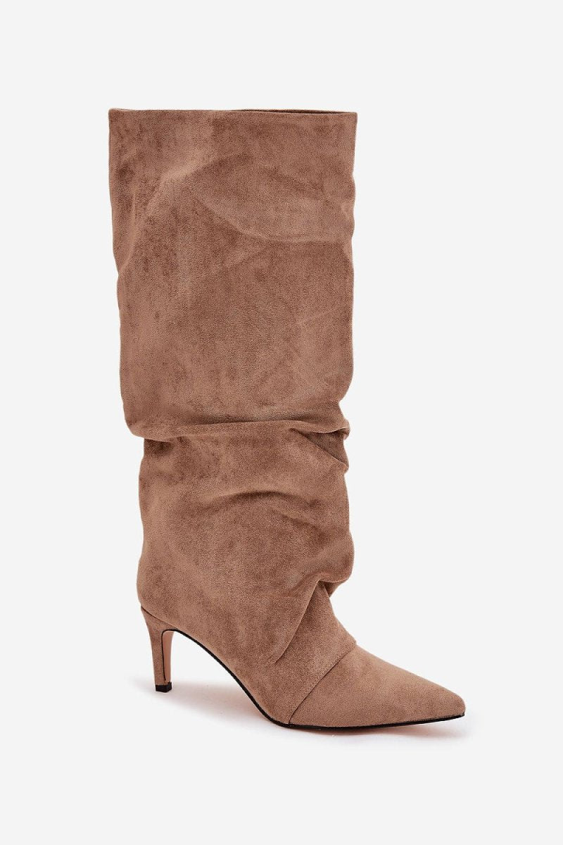 Beige Suede Stiletto Heel Boots - 