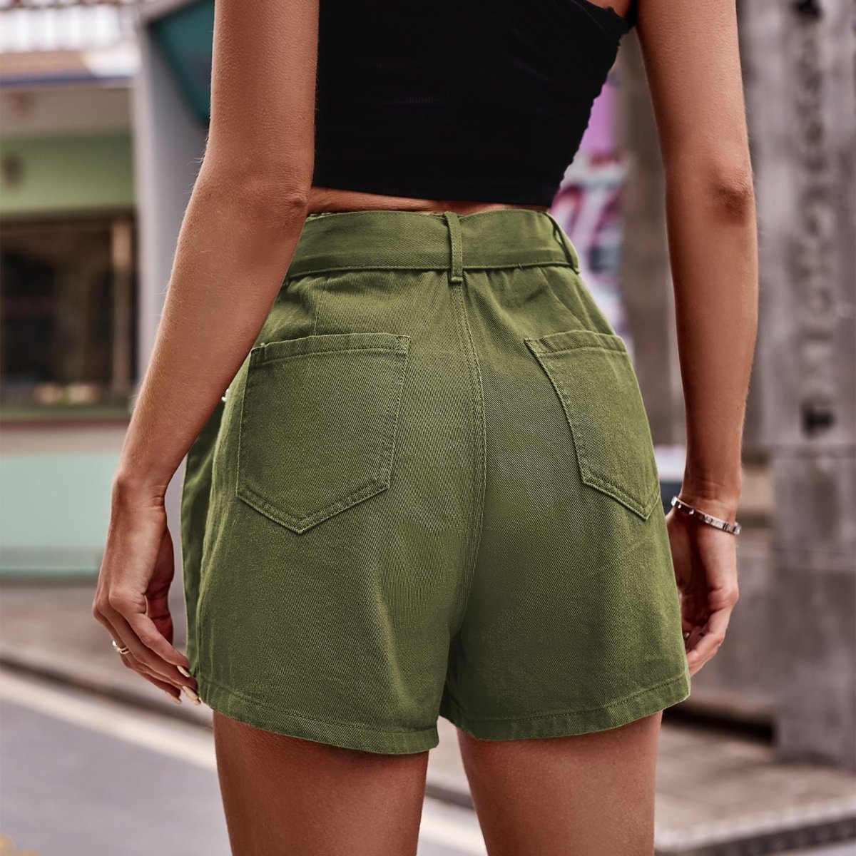 Belted Denim Shorts with Pockets - Bottoms