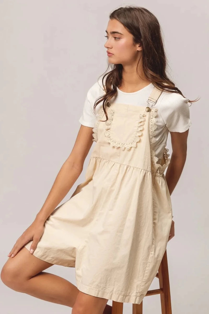 BiBi Back Patch Pocket Lace Trim Rompers - 