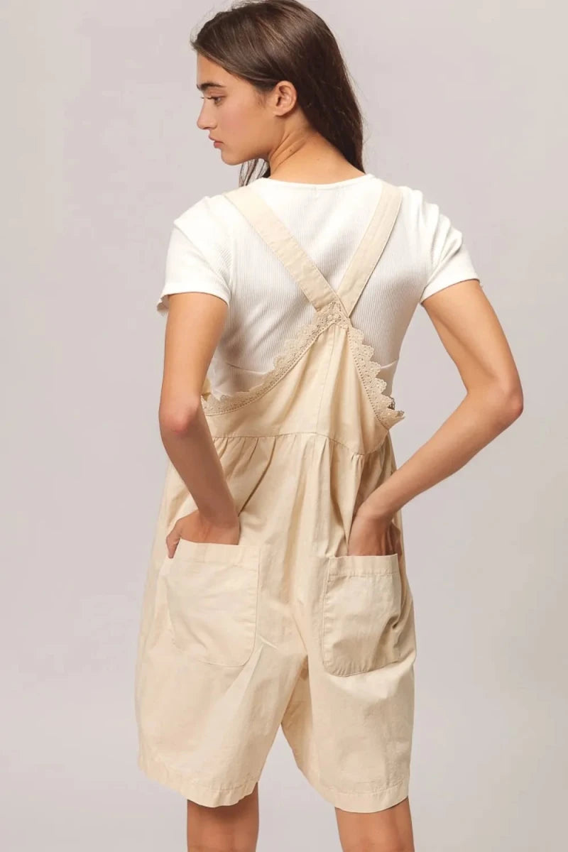 BiBi Back Patch Pocket Lace Trim Rompers - 