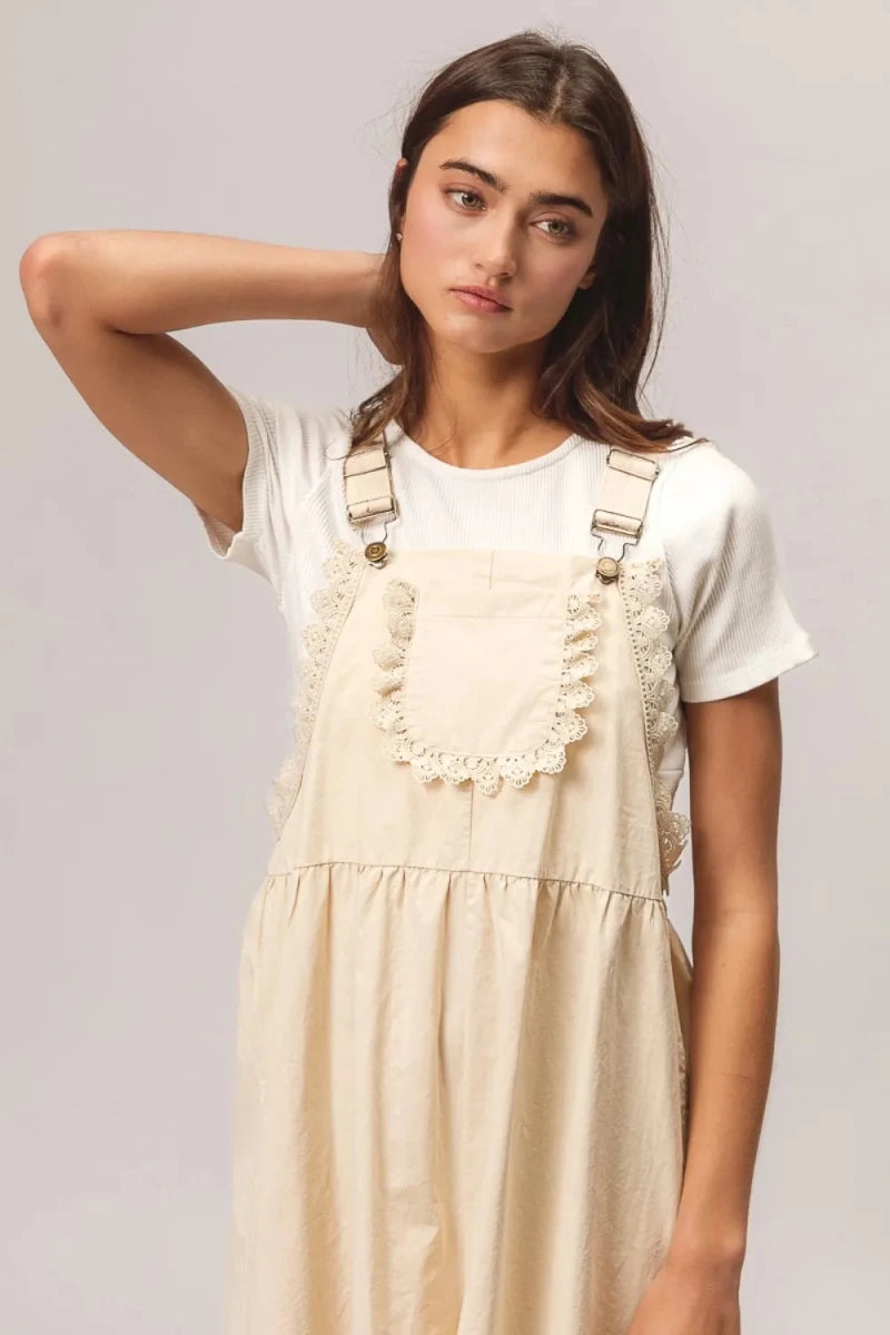 BiBi Back Patch Pocket Lace Trim Rompers - 