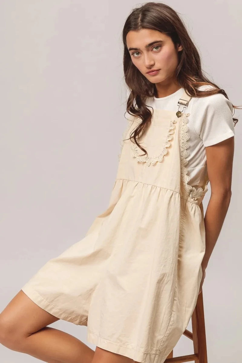 BiBi Back Patch Pocket Lace Trim Rompers - 