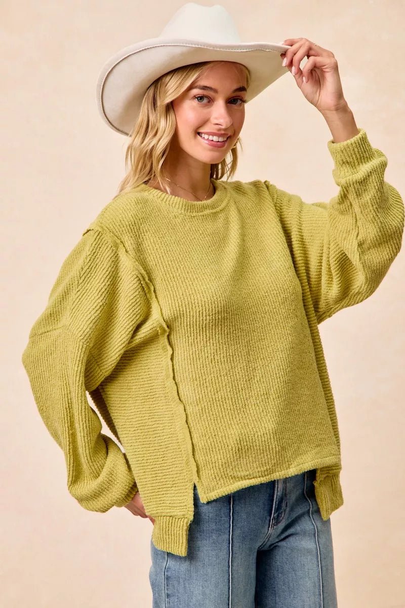 BiBi Boucle Rib Knit Uneven Hem Sweater With Open Seam - 