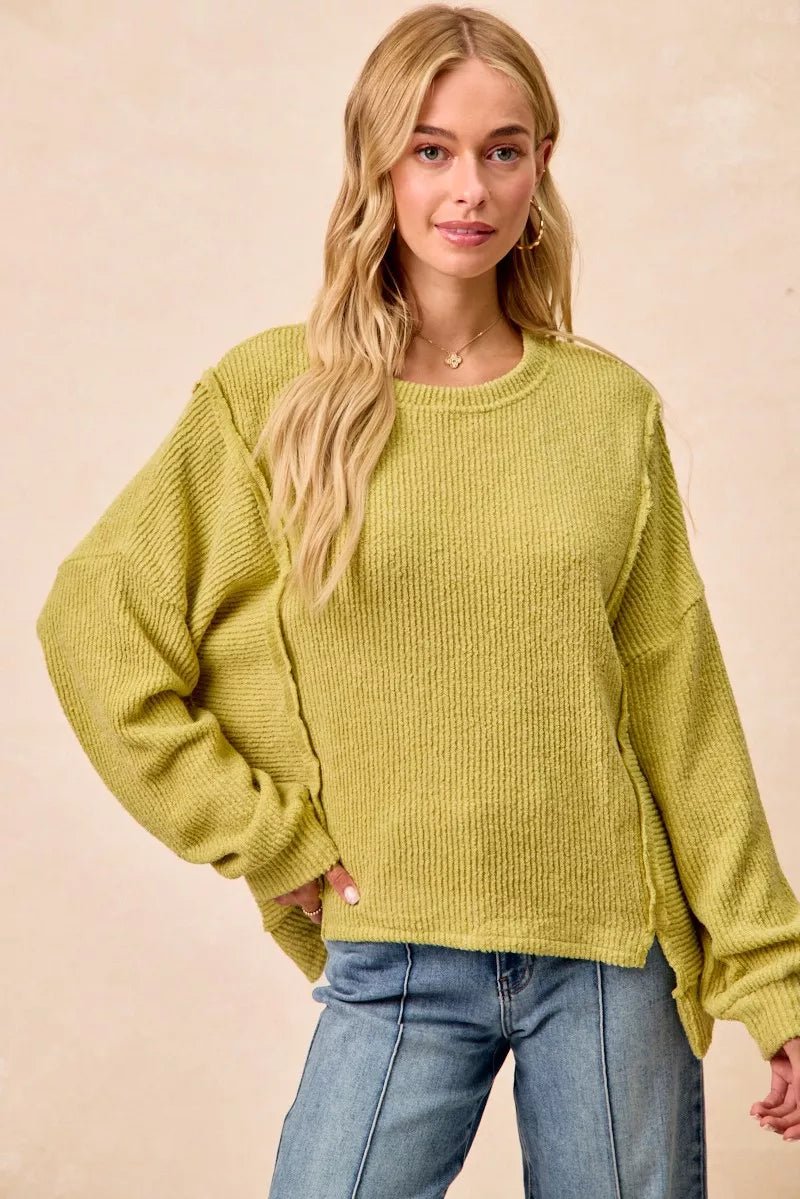 BiBi Boucle Rib Knit Uneven Hem Sweater With Open Seam - 