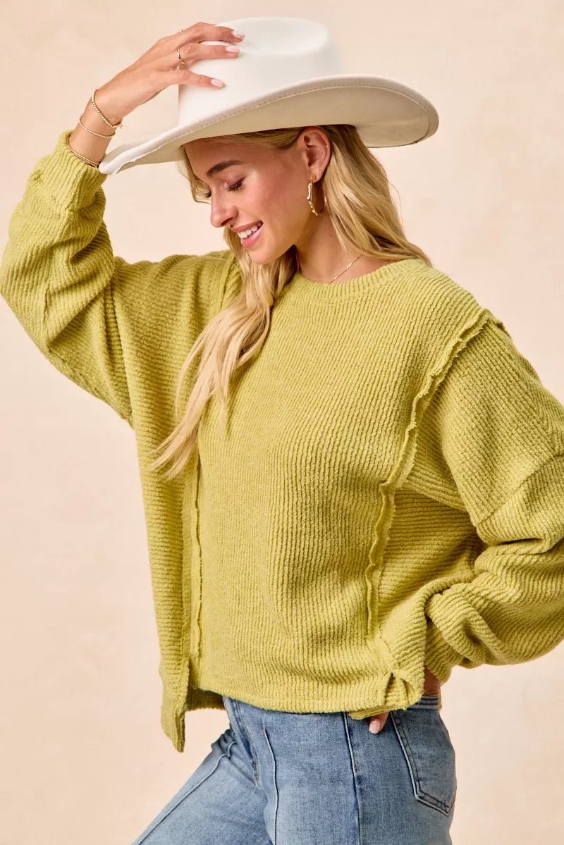 BiBi Boucle Rib Knit Uneven Hem Sweater With Open Seam - 