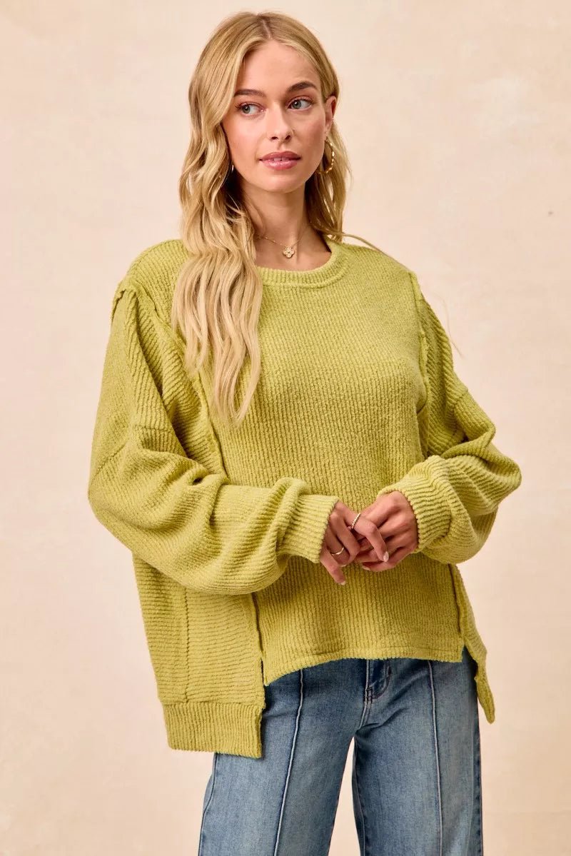BiBi Boucle Rib Knit Uneven Hem Sweater With Open Seam - 
