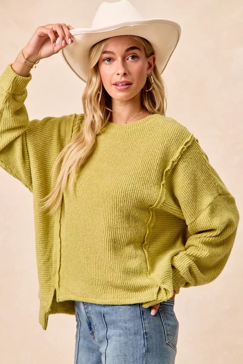 BiBi Boucle Rib Knit Uneven Hem Sweater With Open Seam - 