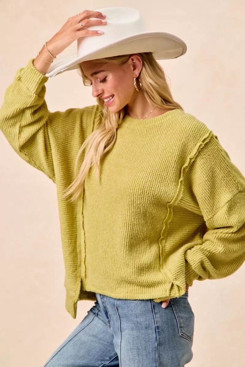 BiBi Boucle Rib Knit Uneven Hem Sweater With Open Seam - 
