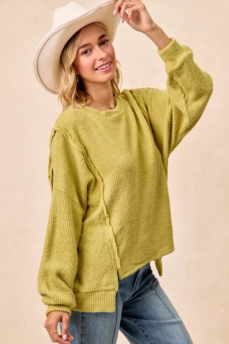 BiBi Boucle Rib Knit Uneven Hem Sweater With Open Seam - 