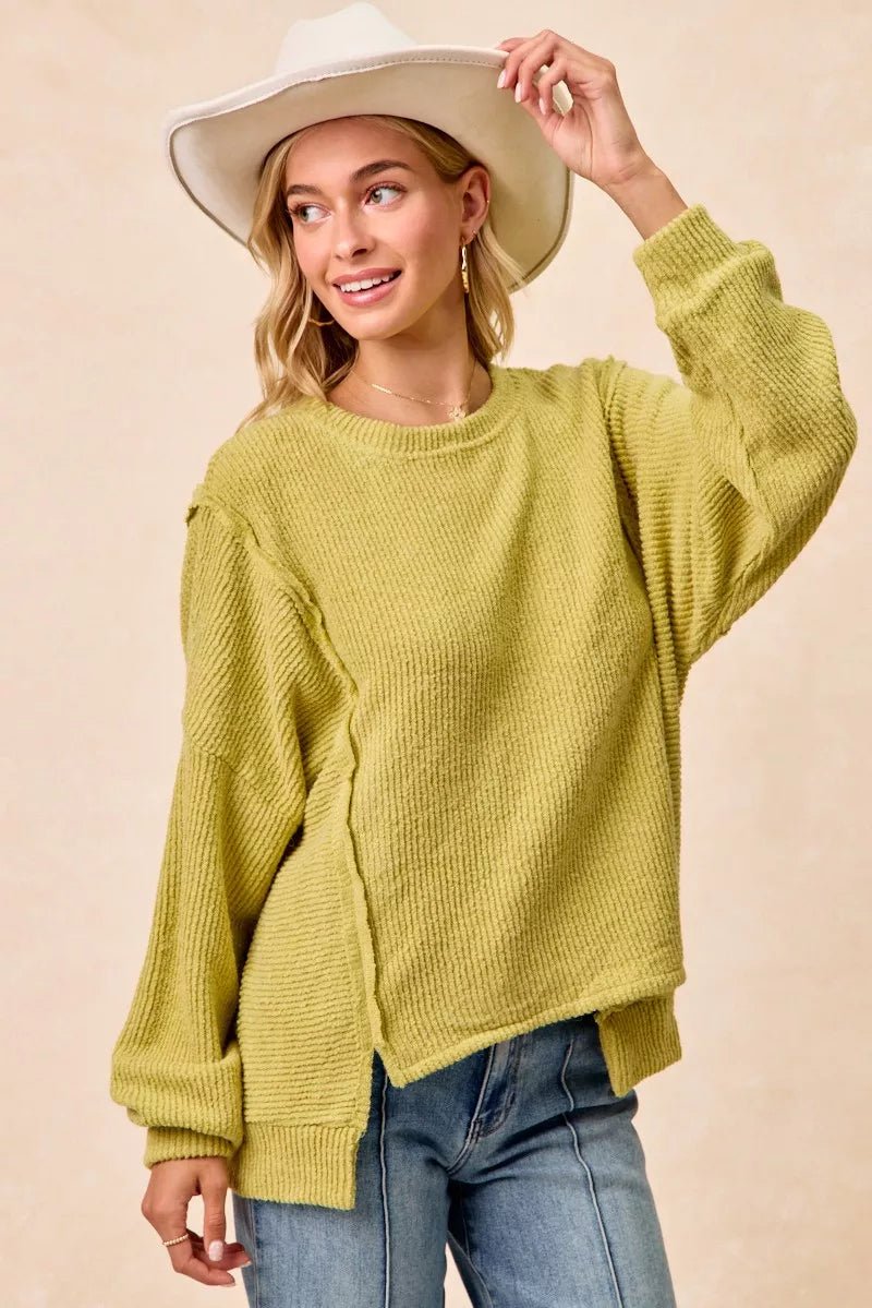 BiBi Boucle Rib Knit Uneven Hem Sweater With Open Seam - 