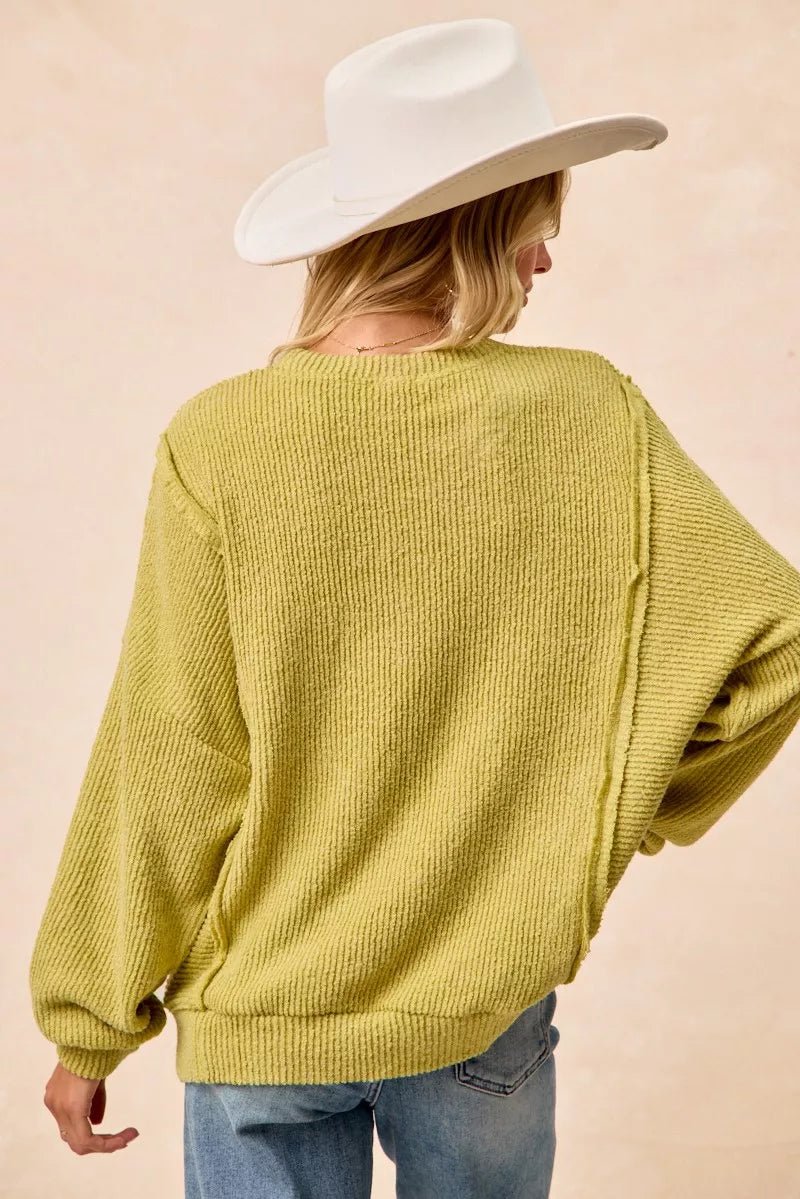 BiBi Boucle Rib Knit Uneven Hem Sweater With Open Seam - 