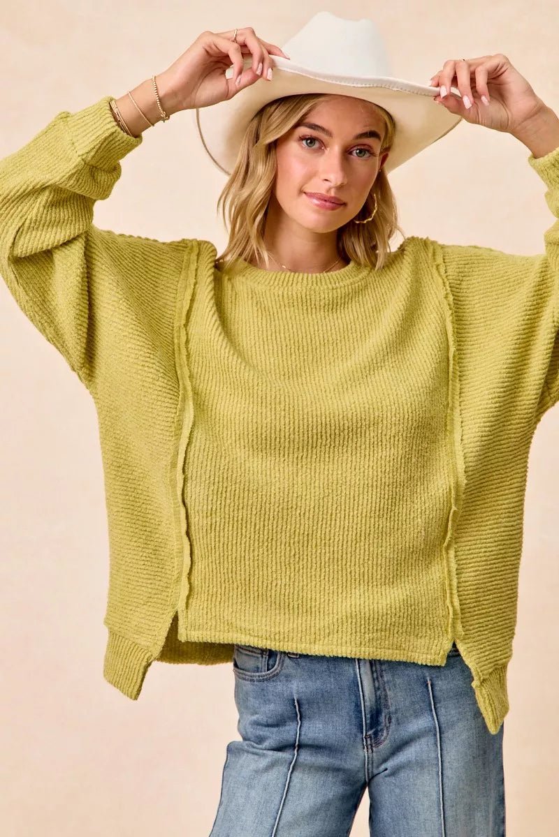 BiBi Boucle Rib Knit Uneven Hem Sweater With Open Seam - 