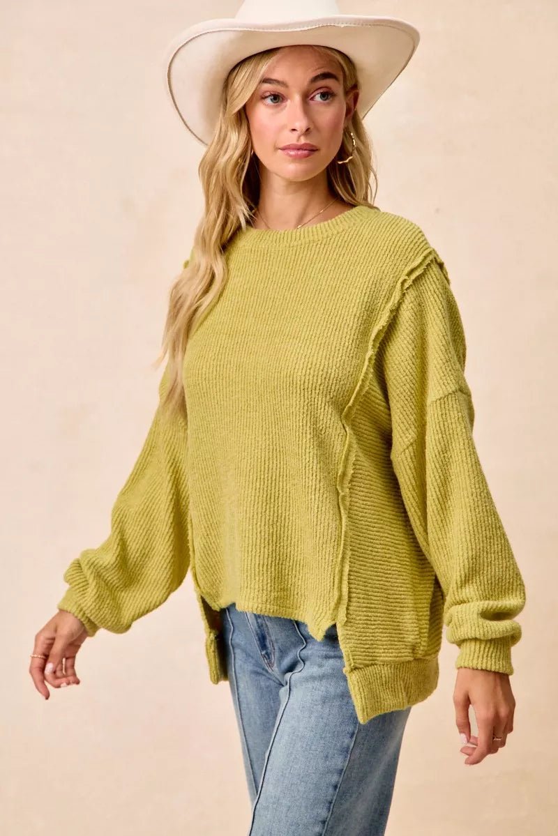 BiBi Boucle Rib Knit Uneven Hem Sweater With Open Seam - 