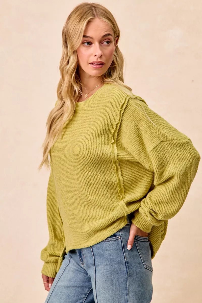 BiBi Boucle Rib Knit Uneven Hem Sweater With Open Seam - 