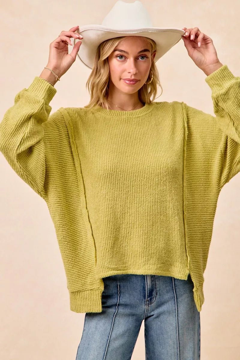 BiBi Boucle Rib Knit Uneven Hem Sweater With Open Seam - 