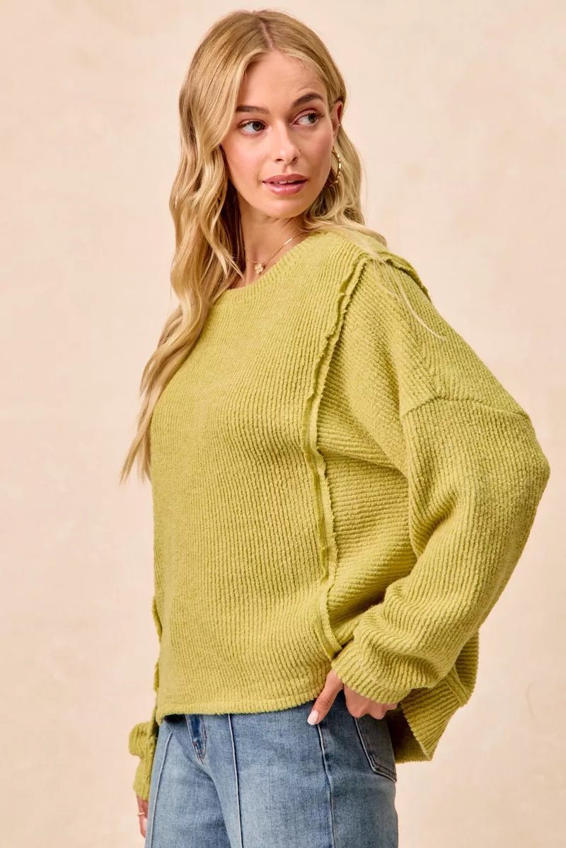 BiBi Boucle Rib Knit Uneven Hem Sweater With Open Seam - 