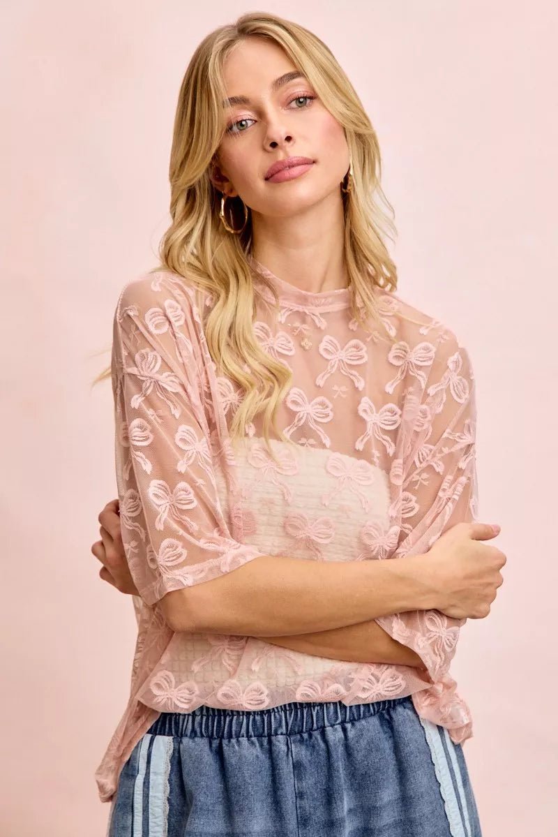 BiBi Bow Pattern Short Sleeves Boxy Mesh Top - 