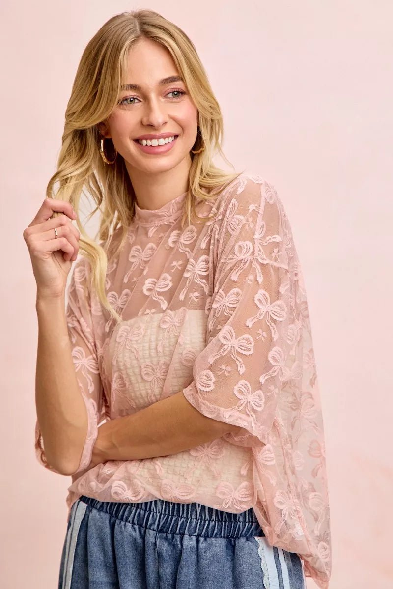 BiBi Bow Pattern Short Sleeves Boxy Mesh Top - 