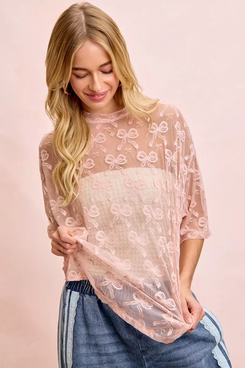 BiBi Bow Pattern Short Sleeves Boxy Mesh Top - 