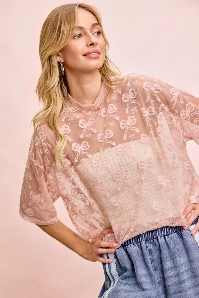BiBi Bow Pattern Short Sleeves Boxy Mesh Top - 