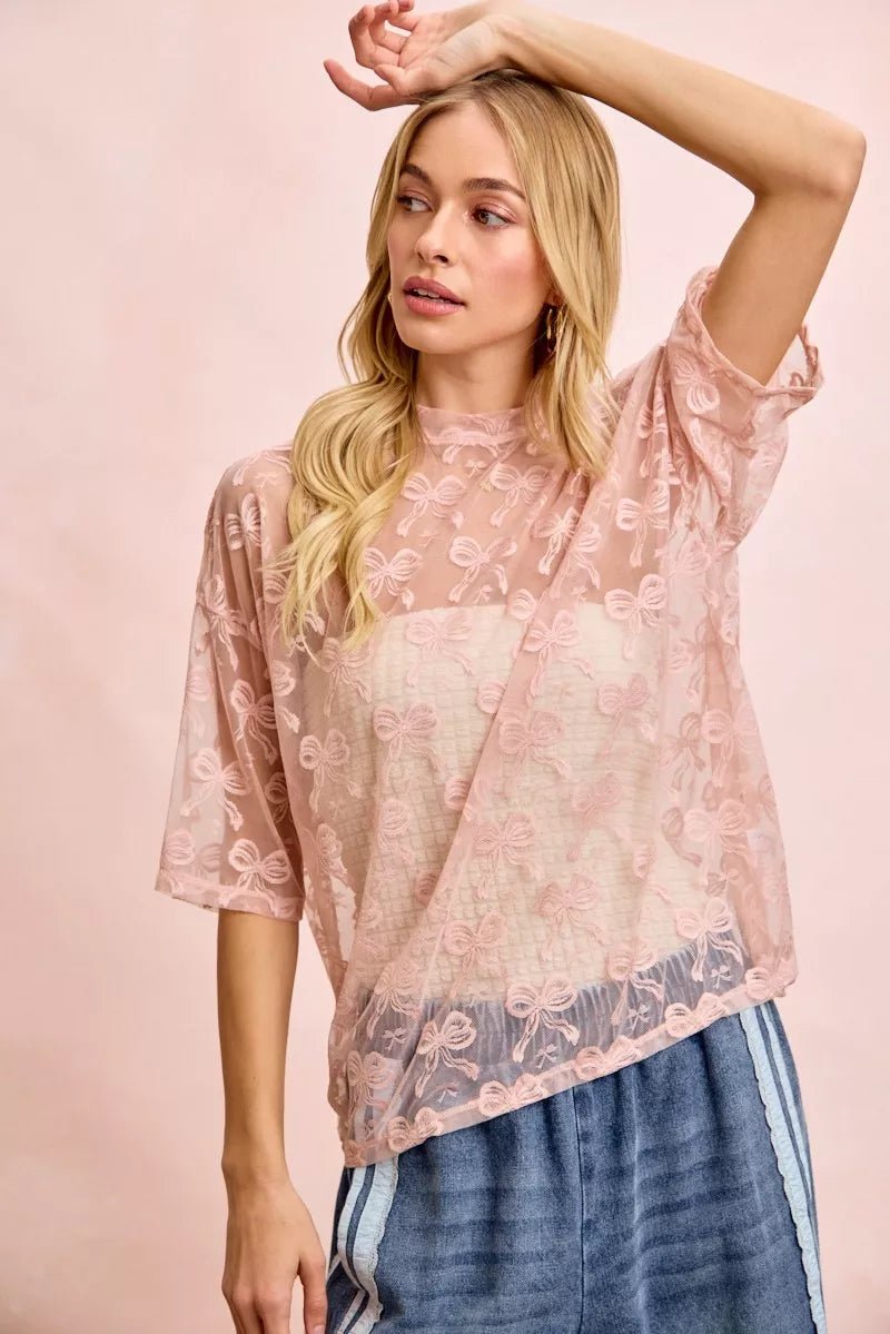 BiBi Bow Pattern Short Sleeves Boxy Mesh Top - 