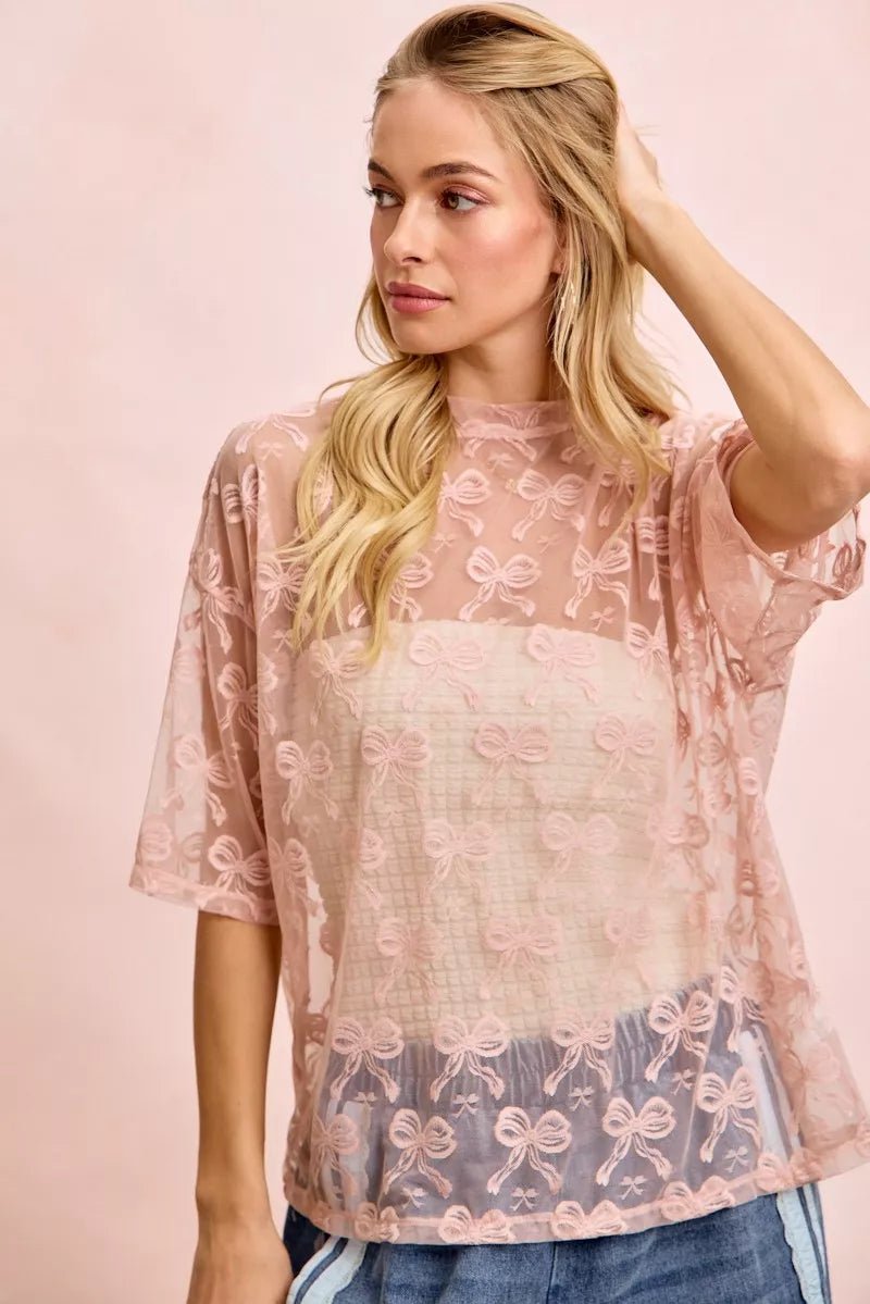 BiBi Bow Pattern Short Sleeves Boxy Mesh Top - 