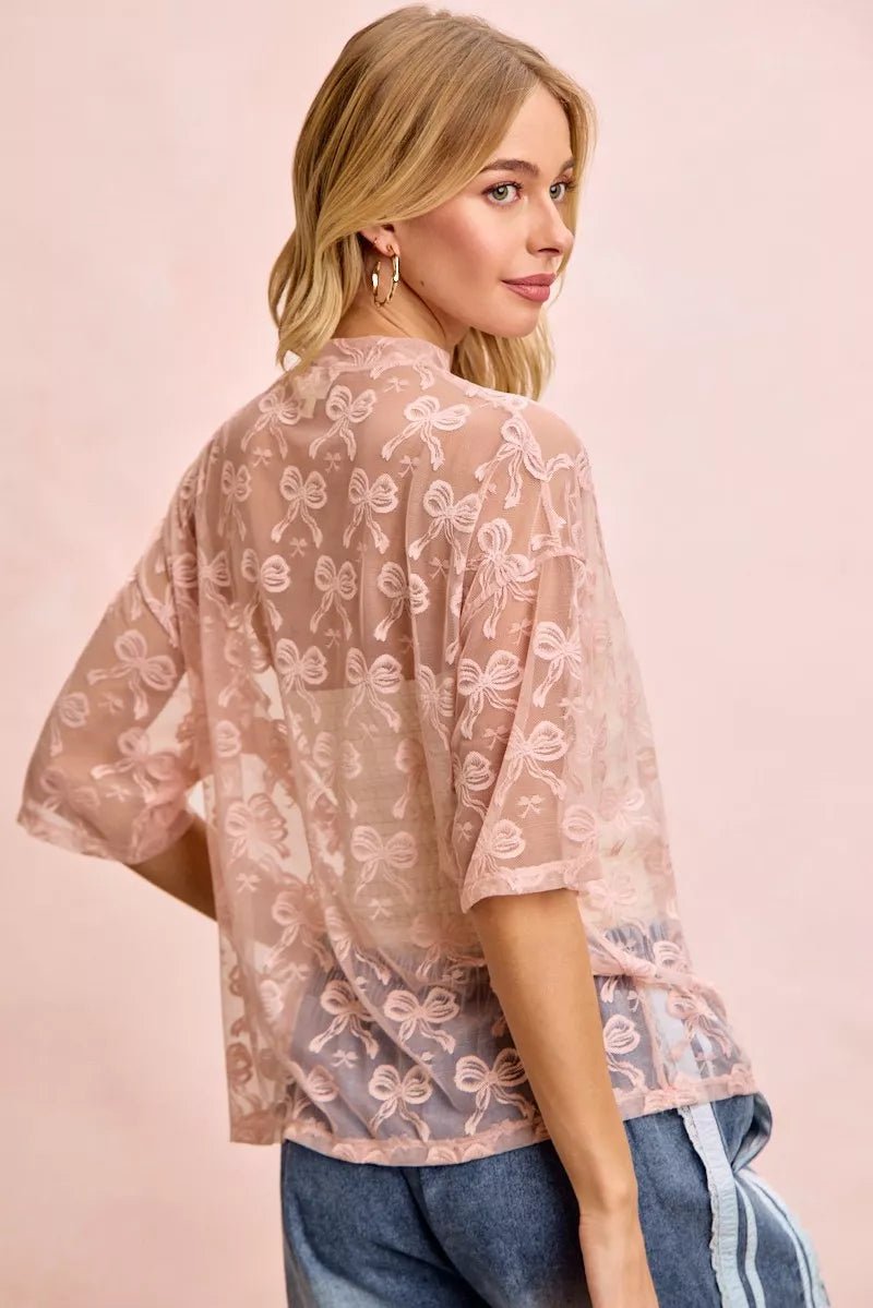BiBi Bow Pattern Short Sleeves Boxy Mesh Top - 