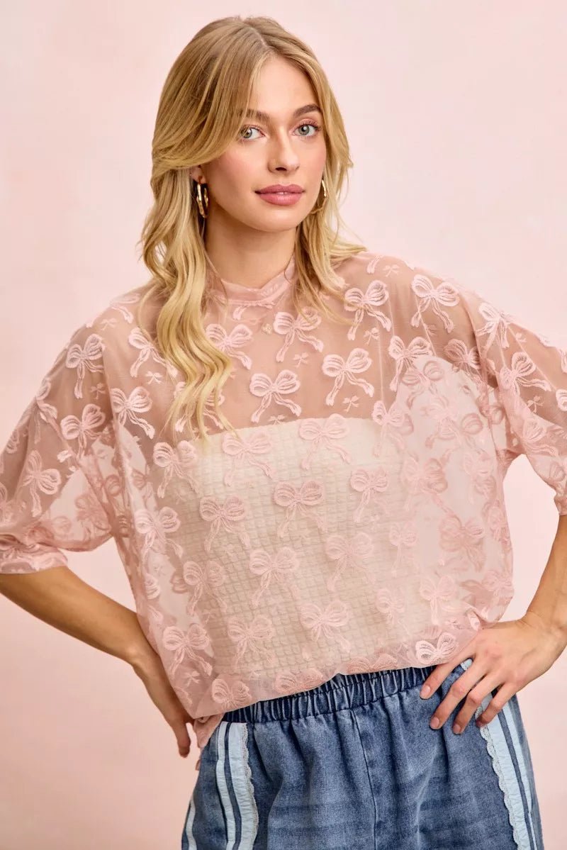 BiBi Bow Pattern Short Sleeves Boxy Mesh Top - 