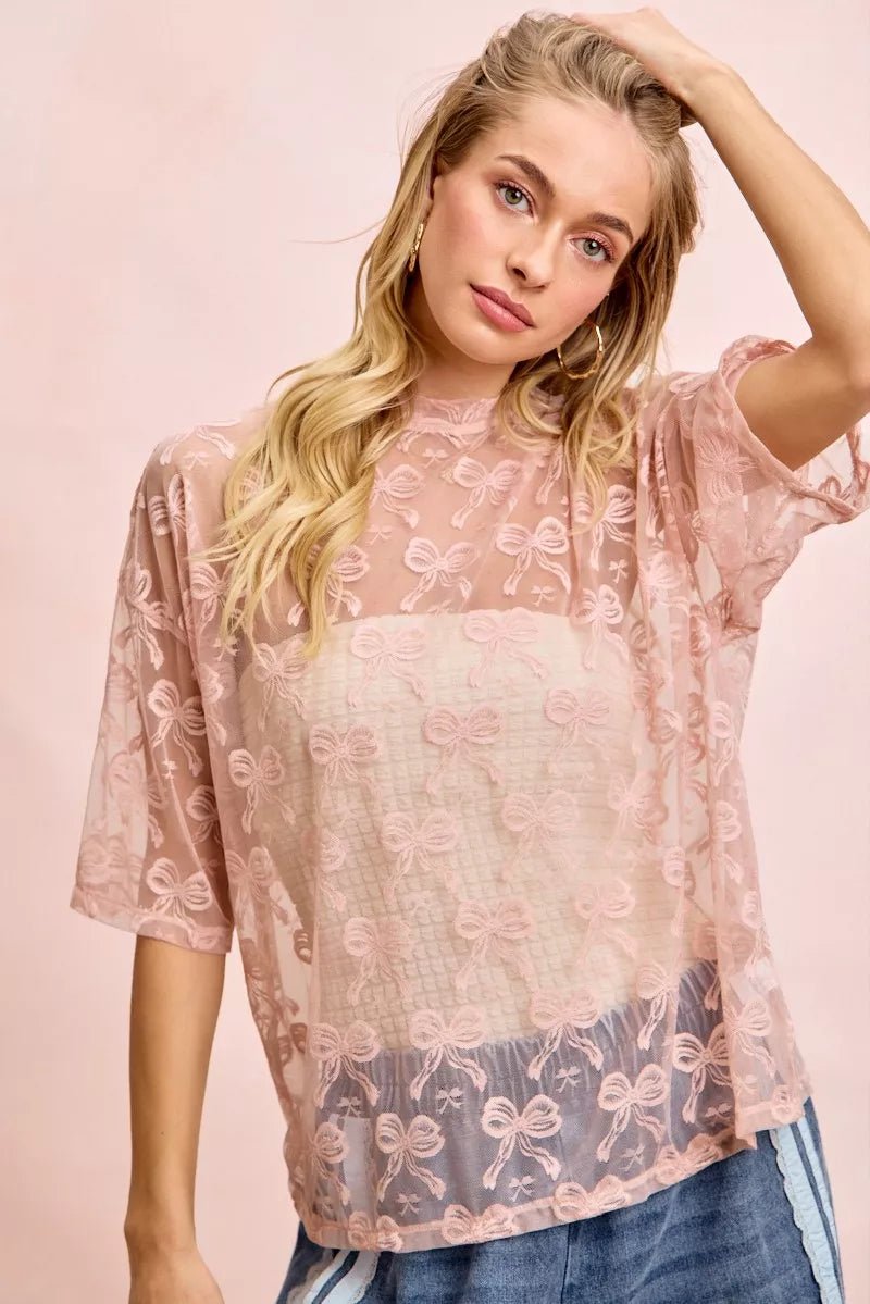 BiBi Bow Pattern Short Sleeves Boxy Mesh Top - 