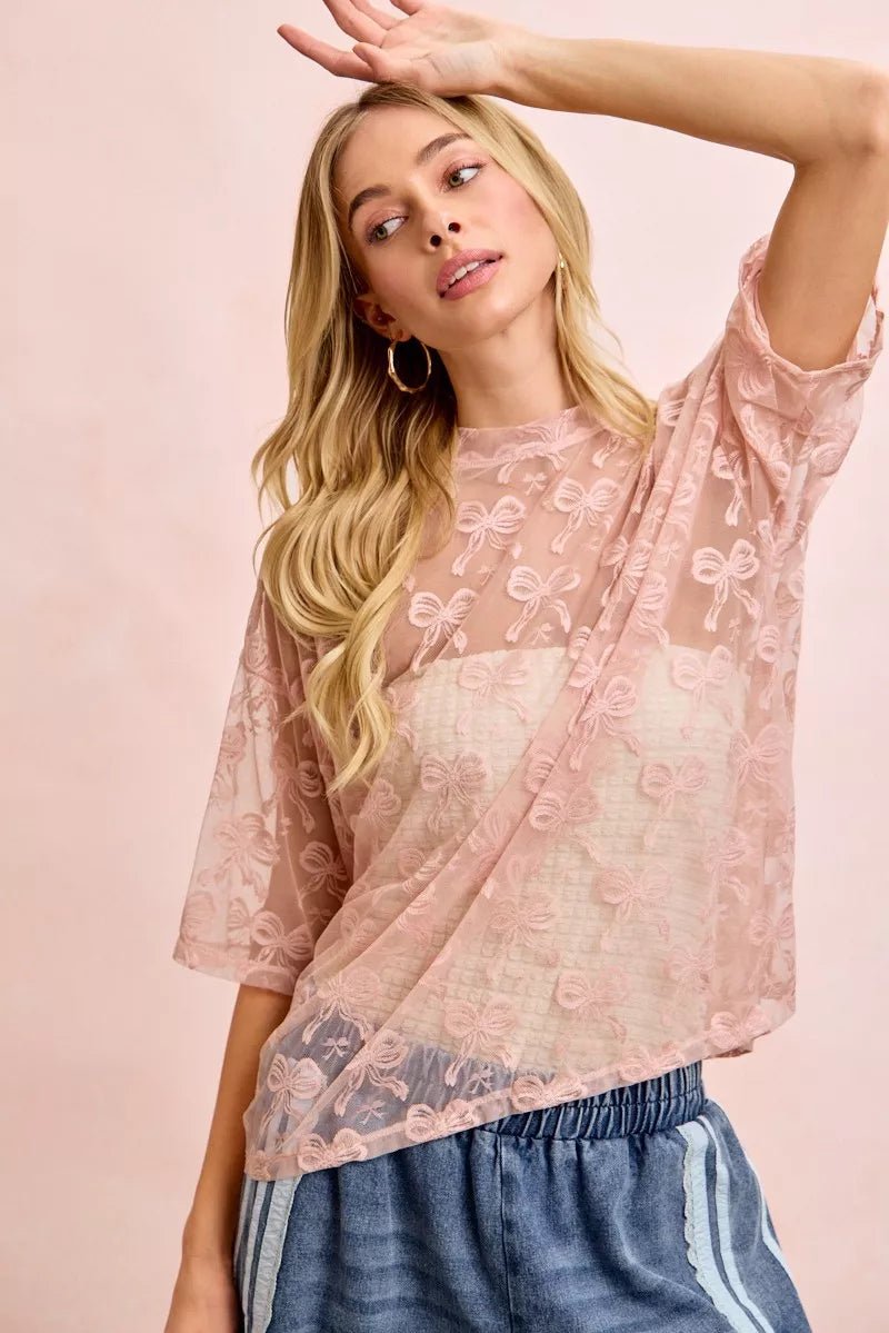 BiBi Bow Pattern Short Sleeves Boxy Mesh Top - 