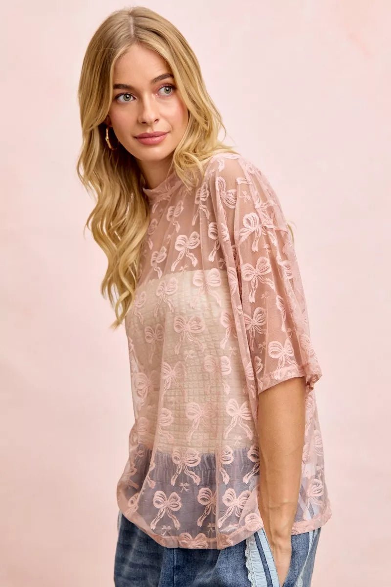 BiBi Bow Pattern Short Sleeves Boxy Mesh Top - 