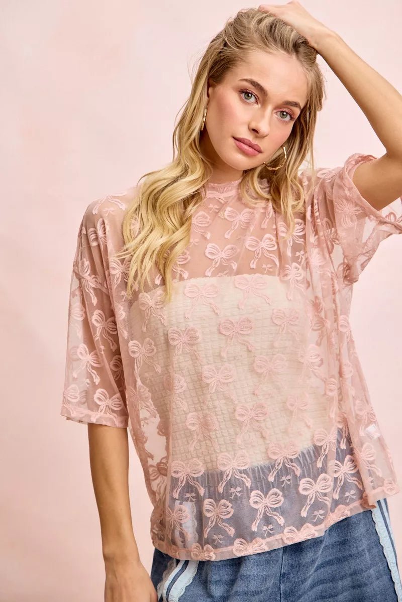 BiBi Bow Pattern Short Sleeves Boxy Mesh Top - 