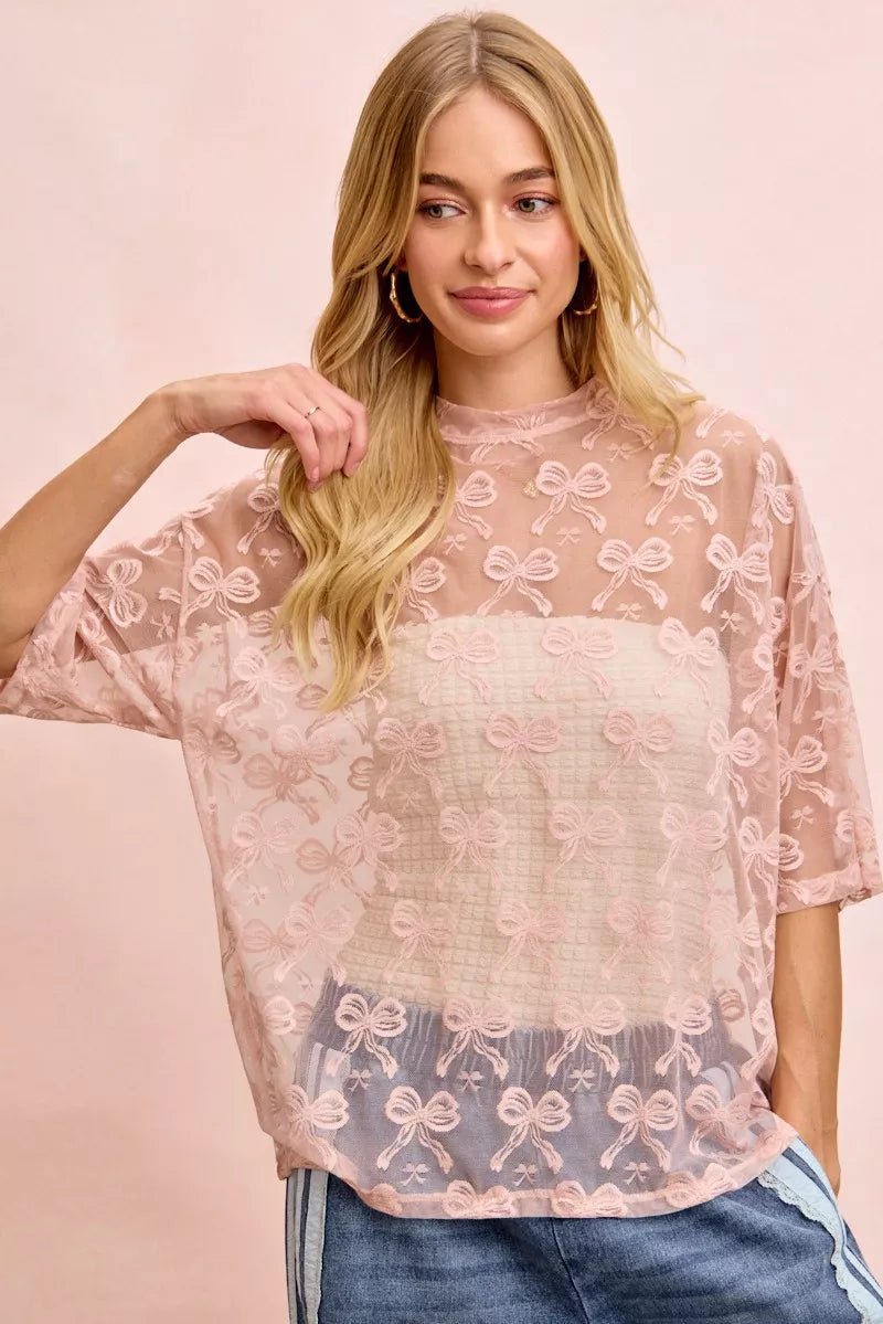 BiBi Bow Pattern Short Sleeves Boxy Mesh Top - 